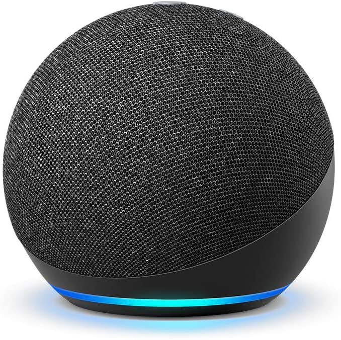 Black spherical smart speaker with a textured surface on a white background