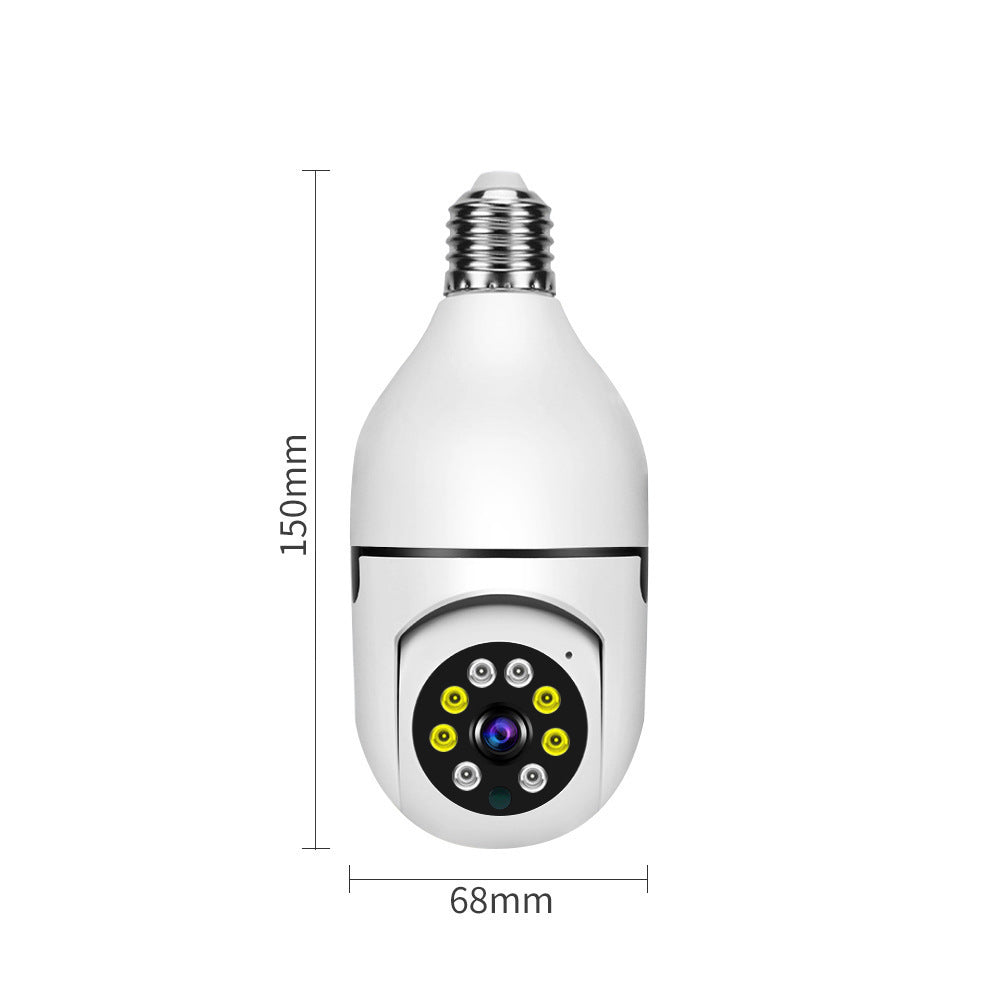 White security camera in the shape of a light bulb with dimensions indicated on a white background