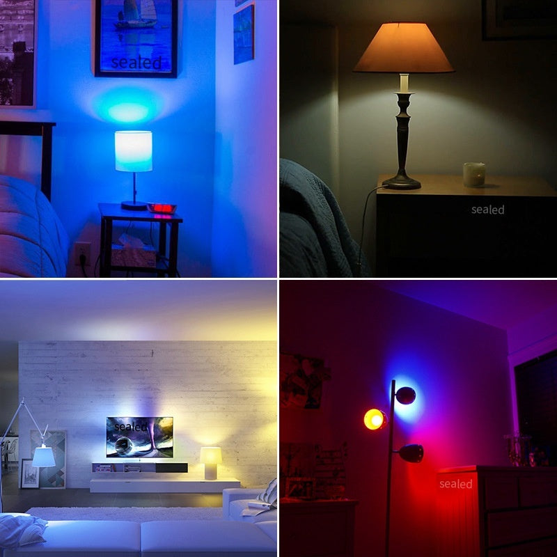 Collage of four different room settings with various lamps and lighting conditions.