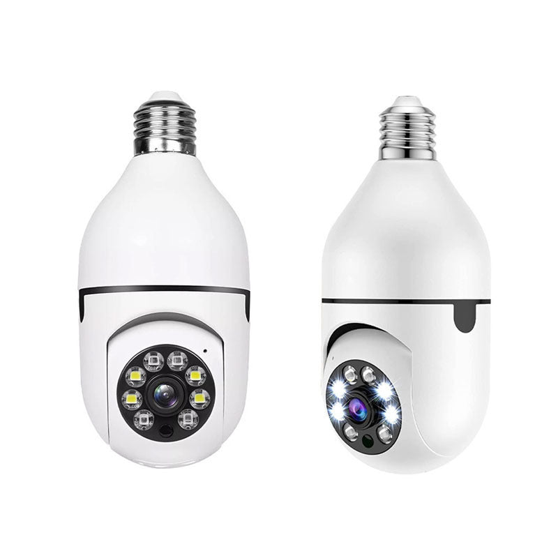 Two white light bulb-shaped security cameras on a white background