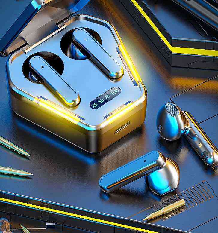 Wireless earbuds with charging case on a reflective surface