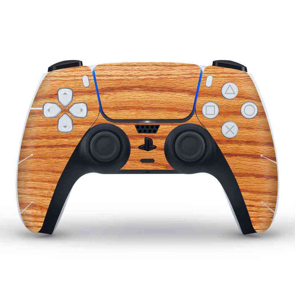 Wooden-textured gaming controller with black accents on a white background