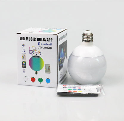 LED music bulb with packaging, remote control, and Bluetooth receiver on a white background