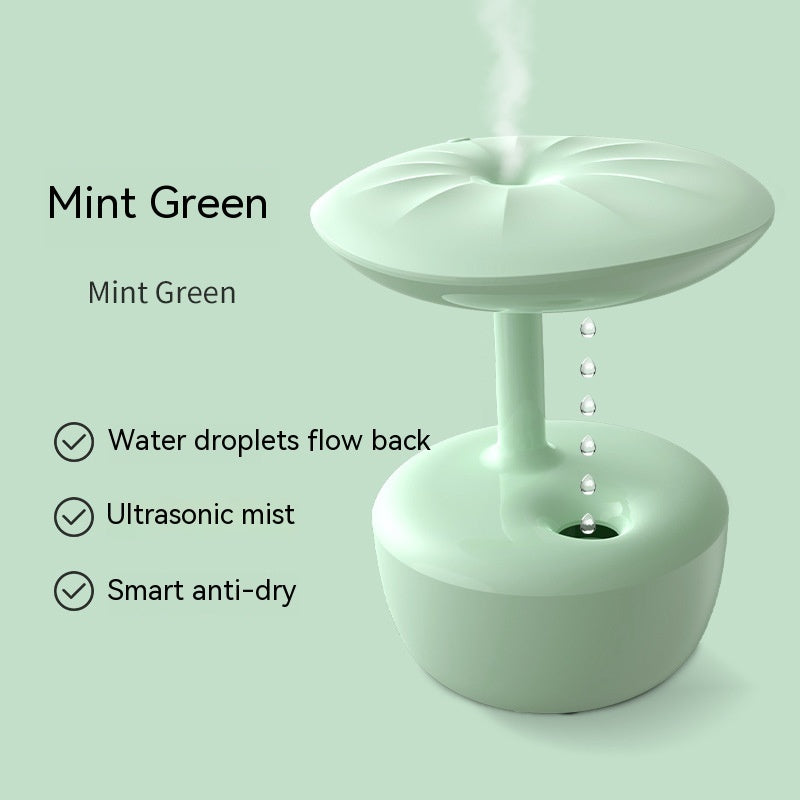 Mint green ultrasonic humidifier with features listed on a light green background