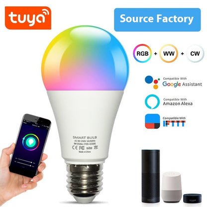 Smart LED bulb with Tuya logo and compatibility with Google Assistant, Amazon Alexa on a white background