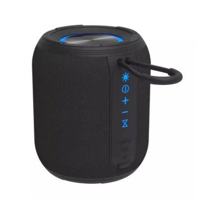Black portable speaker with blue LED indicators on a white background