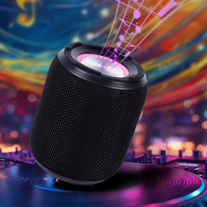 Black textured Bluetooth speaker with colorful musical notes in the background