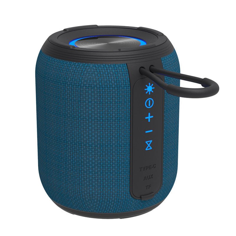 Blue portable speaker with control buttons on a white background