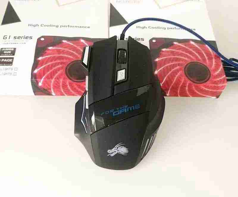Black gaming mouse with visible branding on a white background