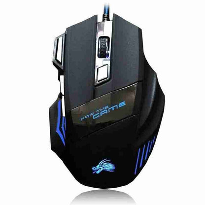 Black gaming mouse with blue accents on a white background