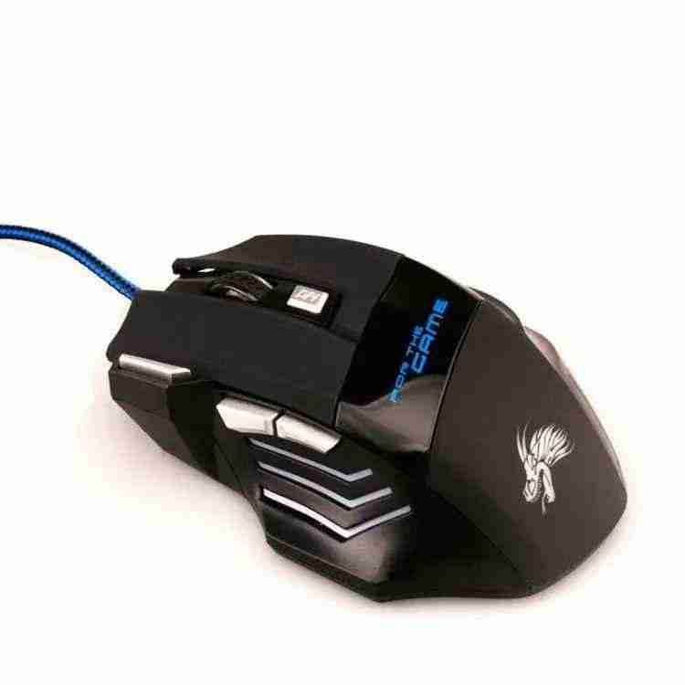 Black RGB Gaming Mouse with blue wire on a white background