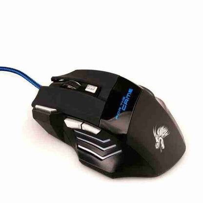 Black RGB Gaming Mouse with blue wire on a white background