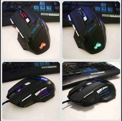 RGB Gaming Mouse with colorful LED lights on a white surface, surrounded by keyboards.