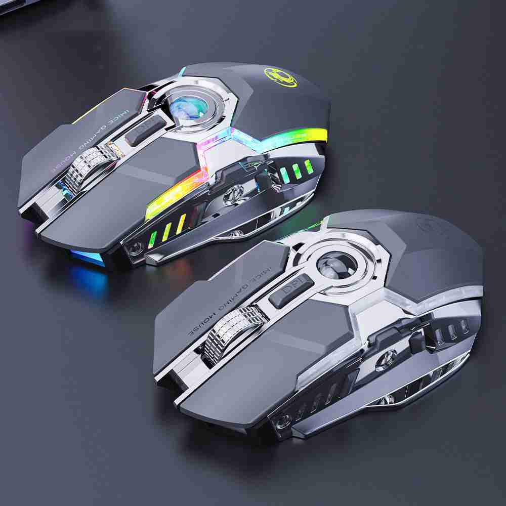 Two gaming mice with RGB lighting on a dark background