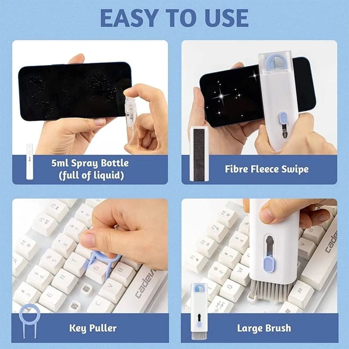 Product demonstration of a cleaning tool set with spray bottle, fleece swipe, key puller, and brush on a blue background.