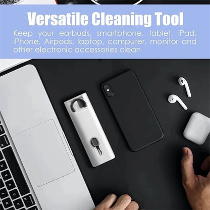 Cleaning tool for electronic devices on a black surface with text about its versatility.