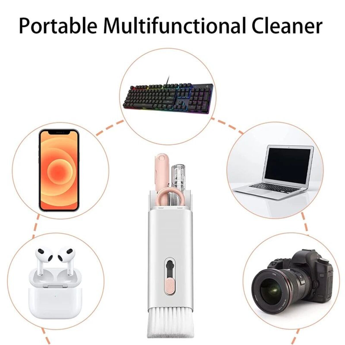 Portable multifunctional cleaner with various items it can clean shown around it.