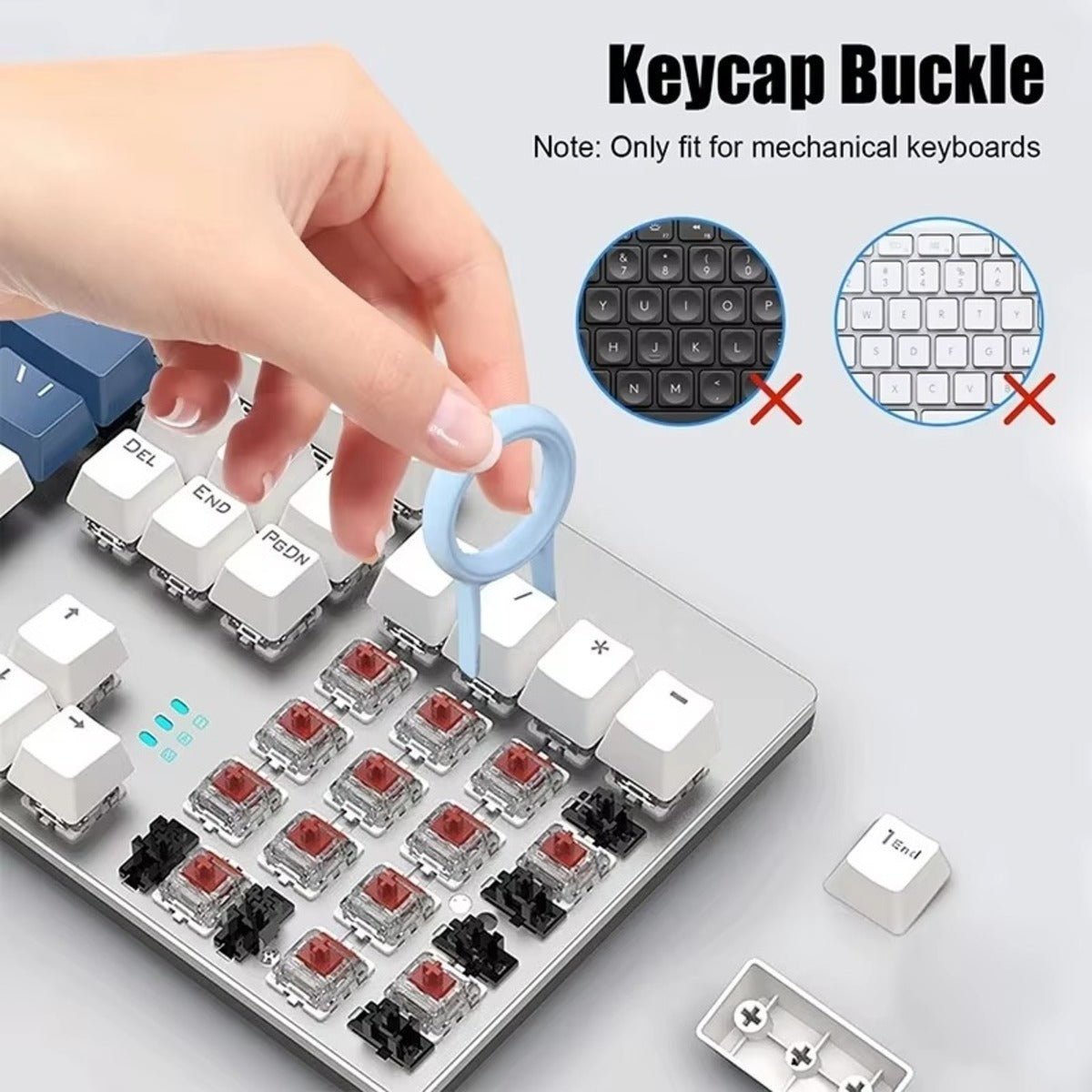 Mechanical keyboard with keycap buckle and hand holding a keycap