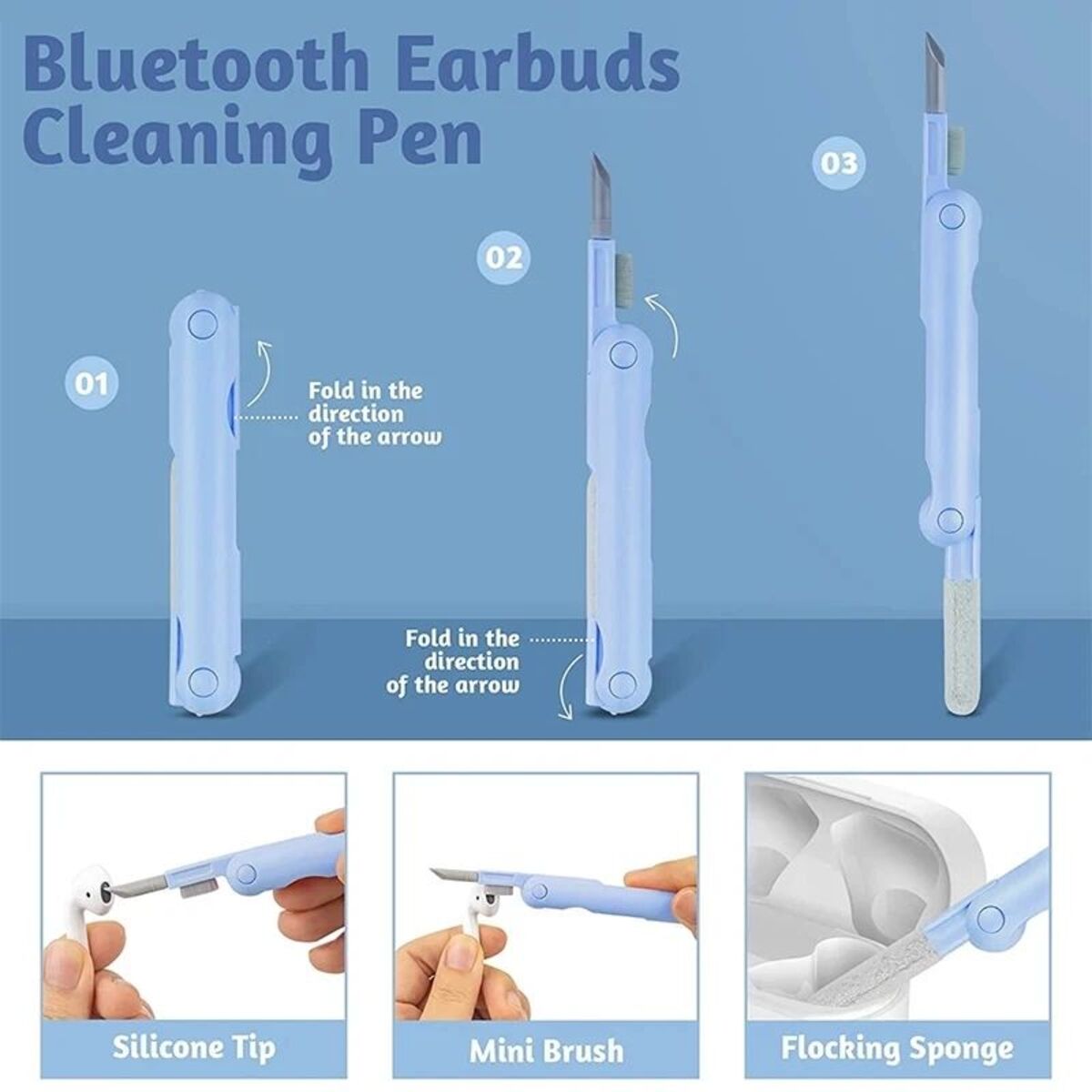 Instructions for using a Bluetooth earbuds cleaning pen on a blue background