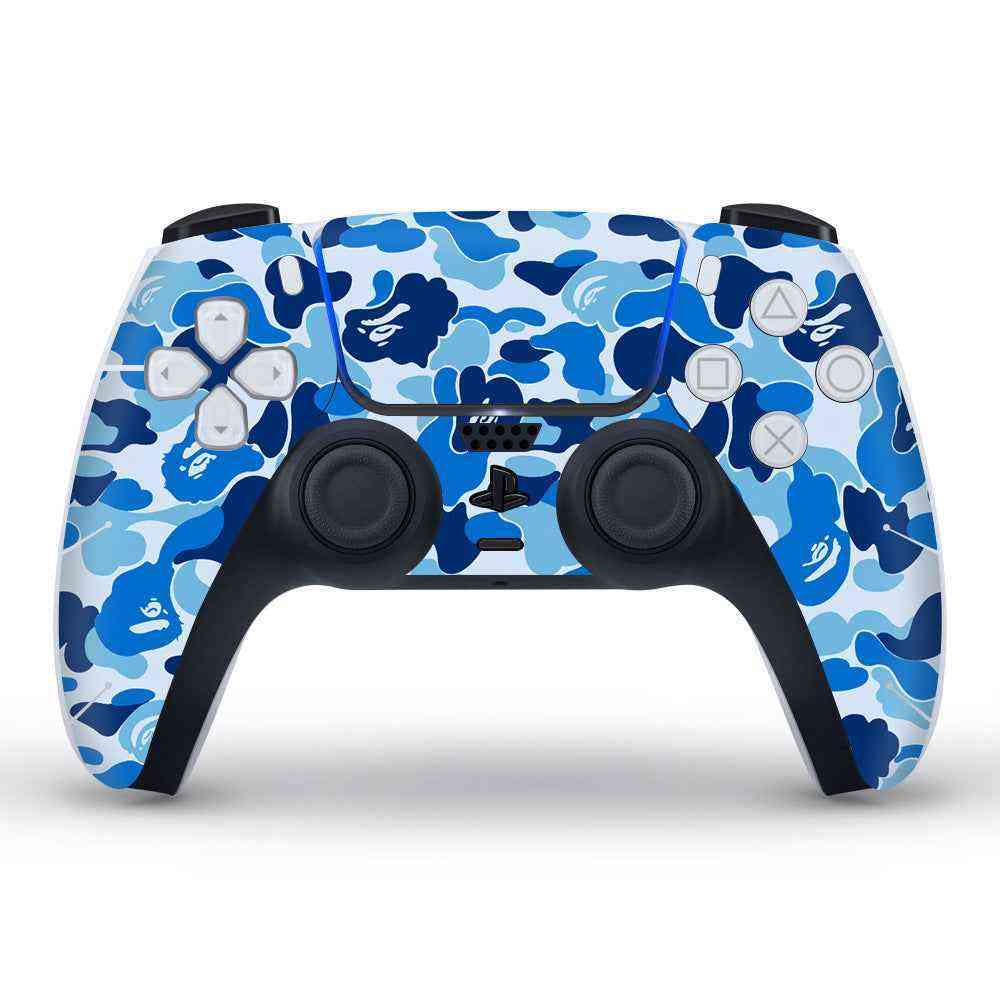 Blue and white camouflage-patterned gaming controller on a white background