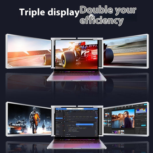 Laptop with triple display setup showing various scenes on a dark background.
