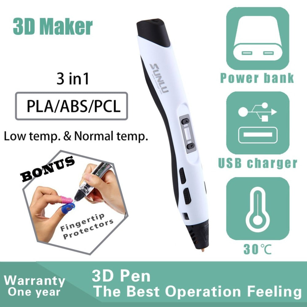 3D Maker 3D pen with features highlighted on a white background