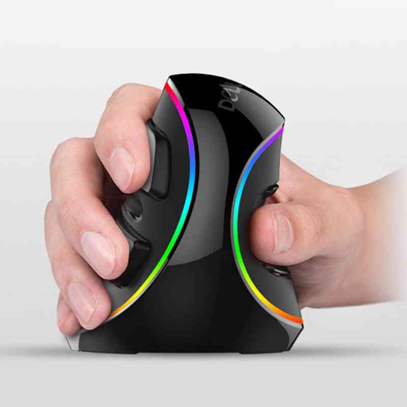 Hand holding a ergonomic mouse with RGB lighting on a light gray background