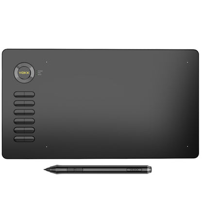 Black graphic tablet with pen on a white background