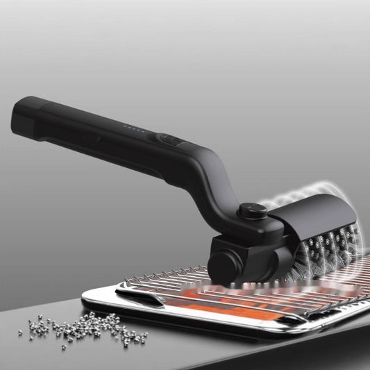 Black handheld tool with a metallic surface on a gray background