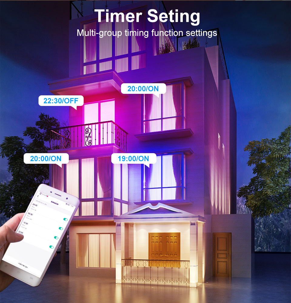 Smartphone controlling building lights with timer settings displayed, against a night-time building background.