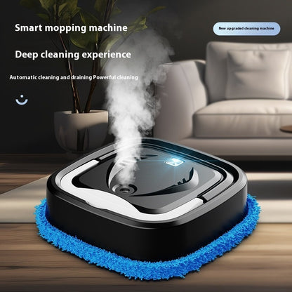 Smart mopping machine with blue cleaning pad on a wooden floor, surrounded by a modern living room setting.
