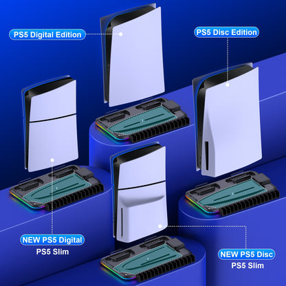 Comparison of PS5 Digital Edition, Disc Edition, and Slim models on a blue background