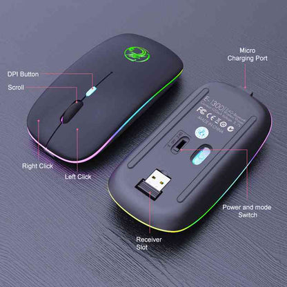 Black wireless mouse with labeled parts on a dark background