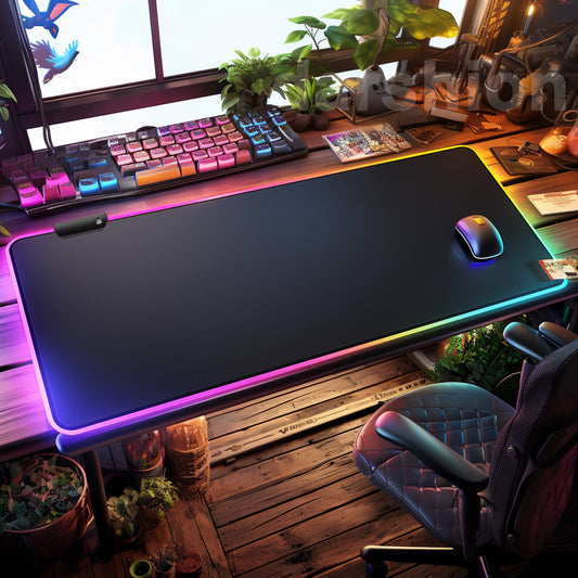 Gaming desk setup with large mouse pad, keyboard, and chair in a cozy room.