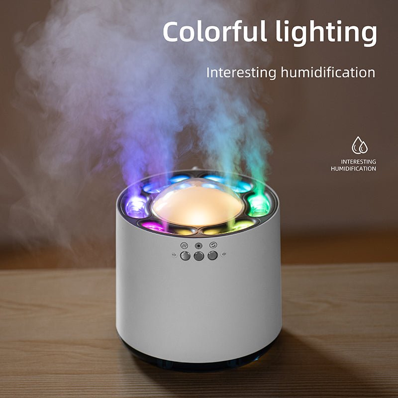 Colorful humidifier emitting mist on a wooden surface with 'Colorful lighting' text.