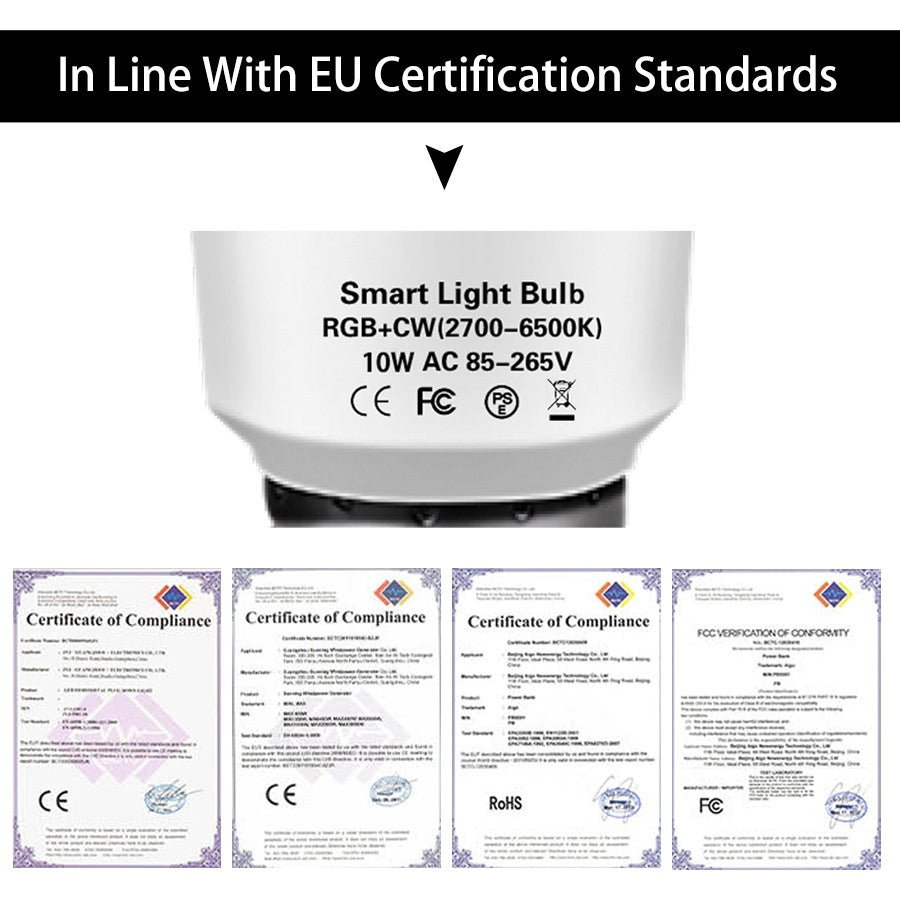 Smart light bulb with certification labels on a white background