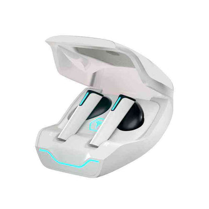White gaming headset with charging base on a white background