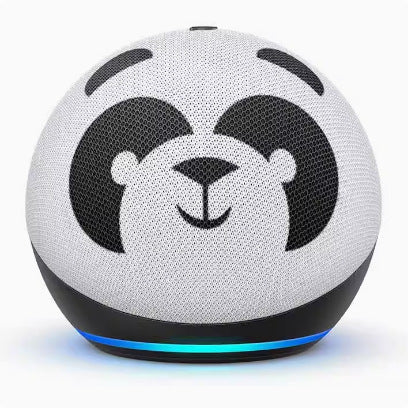 White smart speaker with panda design on a white background