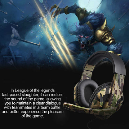 Camouflage gaming headset with fantasy character in the background