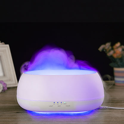 Aromatherapy diffuser emitting mist with a dark background