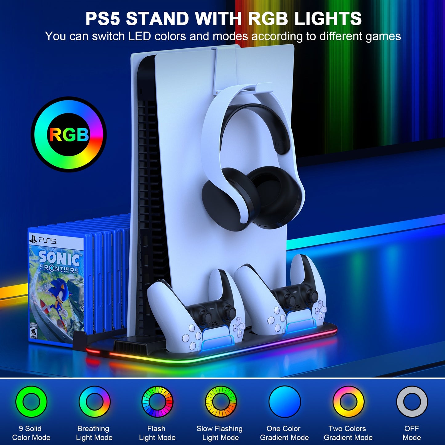 PS5 stand with RGB lights displaying a gaming console, controllers, and a game case on a blue background.