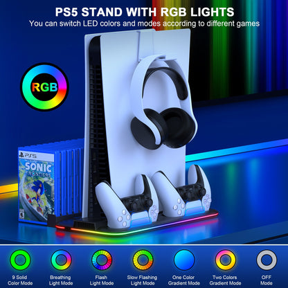 PS5 stand with RGB lights displaying a gaming console, controllers, and a game case on a blue background.