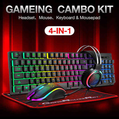 4-in-1 gaming combo kit with keyboard, mouse, headset, and mousepad on a red background