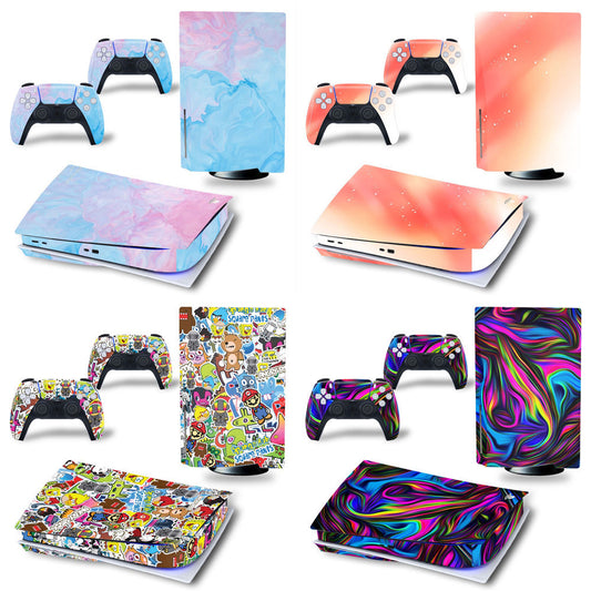 Collection of colorful gaming console skins and controllers on a white background