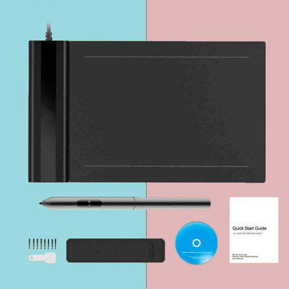 Digital drawing tablet with pen, USB cable, driver disc, and quick start guide on a two-tone background