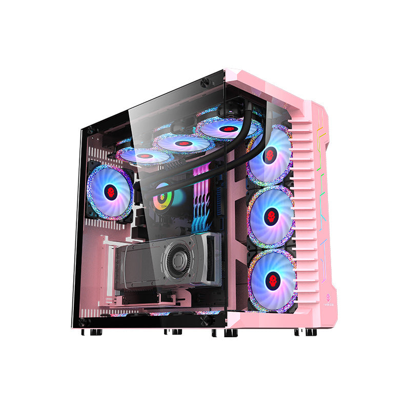 Pink computer case with RGB lighting on a white background