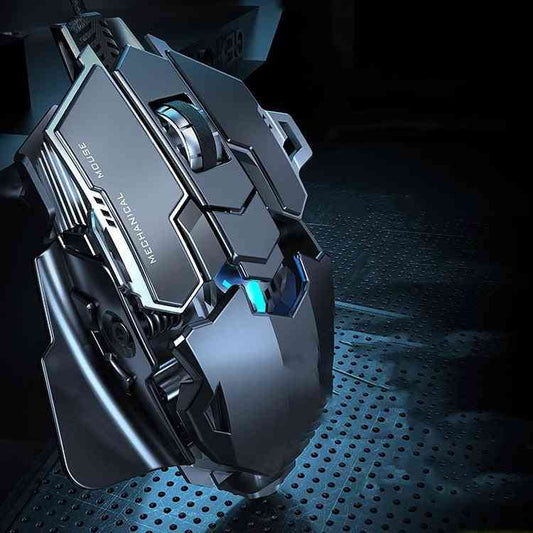 Gaming mouse with mechanical design on a dark background
