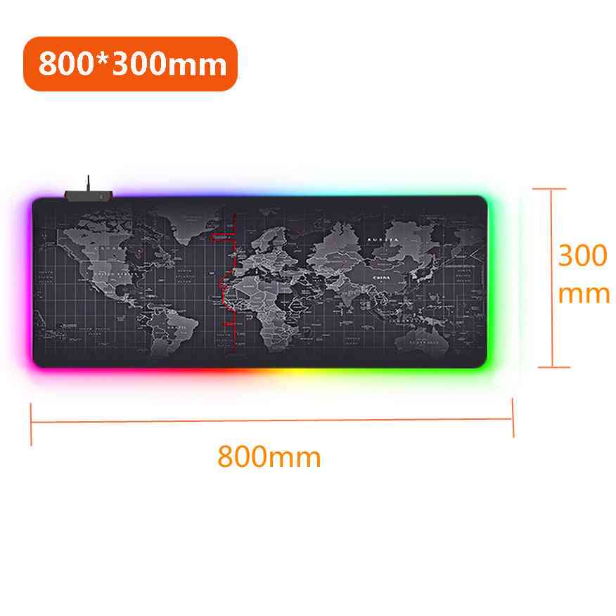 World map mouse pad with RGB lighting, dimensions indicated.
