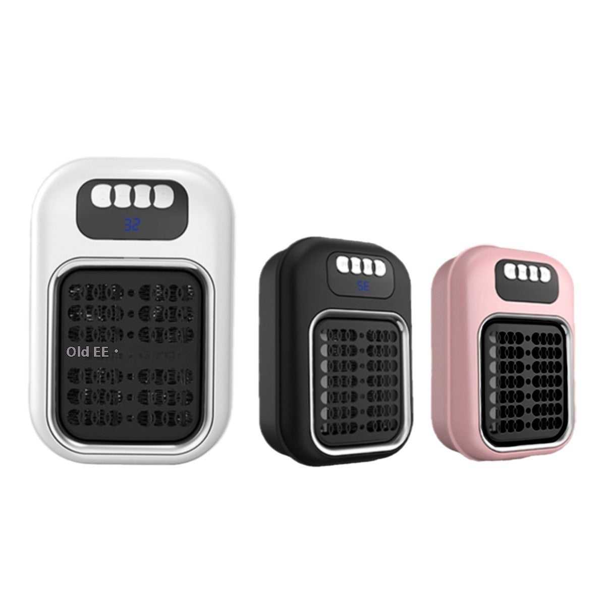Three portable heaters in white, black, and pink on a white background