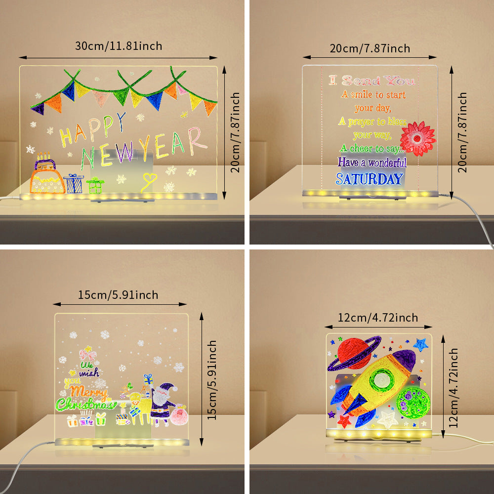 Four LED signboards with different designs and text, each with dimensions displayed.
